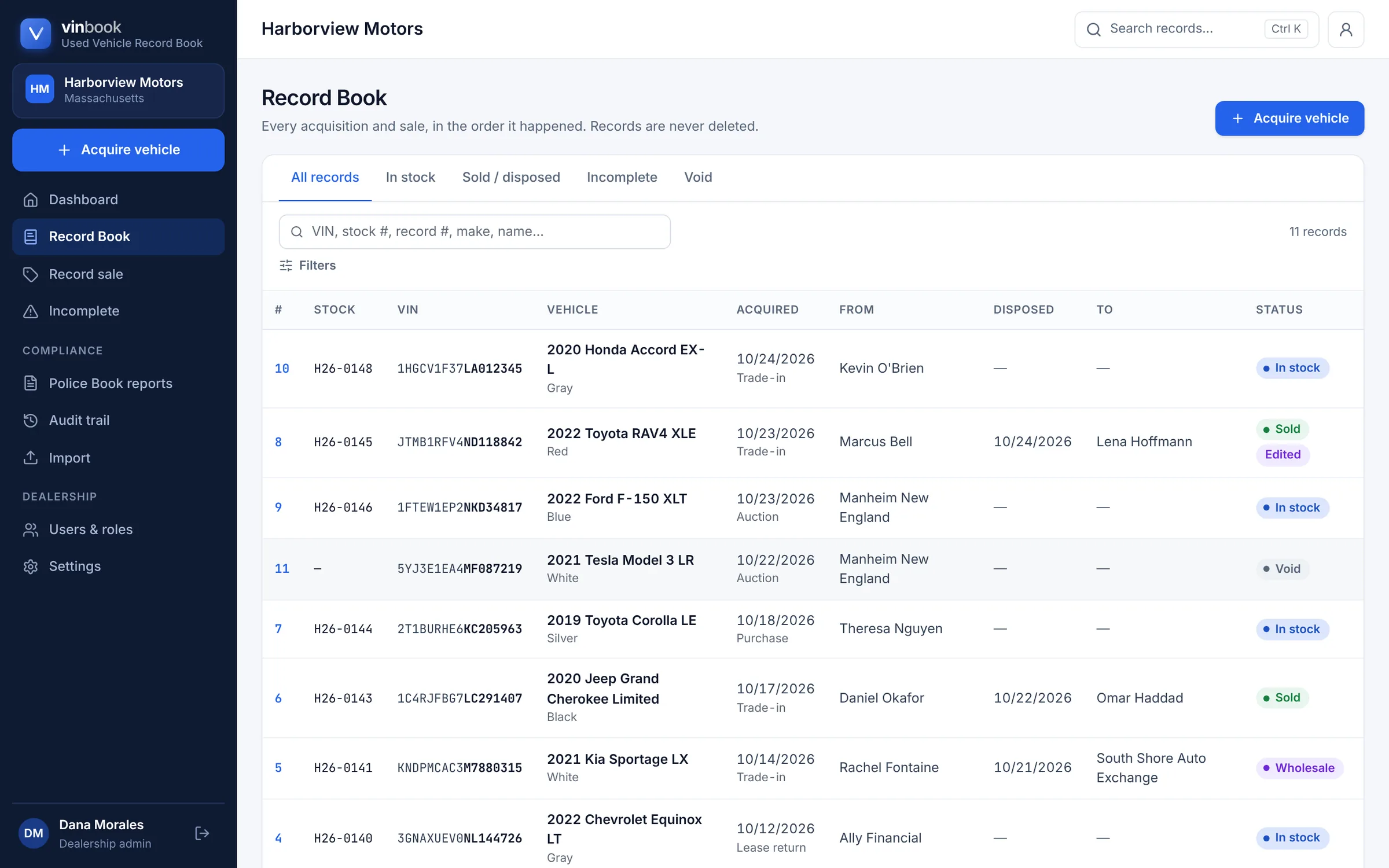 The VinBook Record Book: a table of vehicles with stock number, VIN, vehicle, dates acquired and disposed, seller, buyer and status.